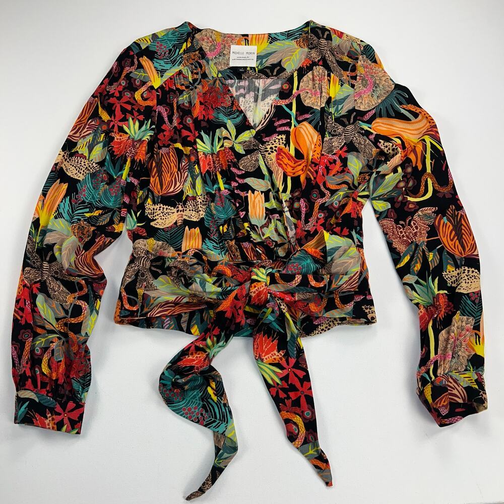 Michelle Morin Anthropologie Colorful Floral Surplice Tie Waist Blouse Size S - Picture 4 of 12